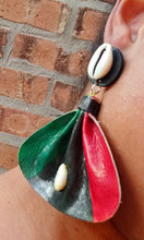 Load image into Gallery viewer, Handmade large red black and green Leather Fulani  Earrings pierced ears custom handmade
