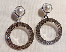 Load image into Gallery viewer, Small faux pearl and  Rhinestone Clip On Hoop Earrings silver
