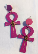 Load image into Gallery viewer, Ankh Charm Dangle Wooden Clip On Earrings pink
