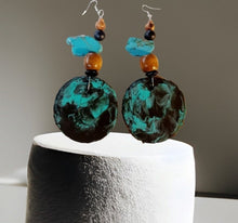 Load image into Gallery viewer, Large Handmade handpainted Natural Wood and Genuine Turquoise Design Earrings pierced ears
