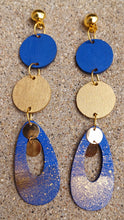 Load image into Gallery viewer, Handpainted Wooden Clip On Earrings, Abstract Blue &amp; Gold
