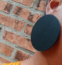 Load image into Gallery viewer, Handmade Minimalist Large Black wooden Disc Earrings pierced ears
