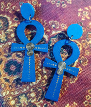 Load image into Gallery viewer, Ankh Charm Dangle Wooden Clip On Earrings blue
