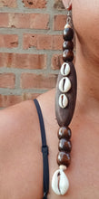Load image into Gallery viewer, Handmade Cowrie Shell and wood Earrings 8 inch
