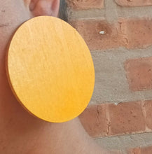Load image into Gallery viewer, Handmade handpainted large wooden disc minimalist Earrings pierced ears 3 inch yellow gold color

