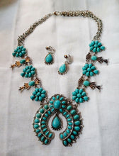 Load image into Gallery viewer, Vintage Style Turquoise Squash Blossom Necklace and Clip On Earrings
