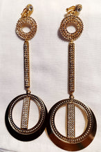 Load image into Gallery viewer, Glam runway large Handmade Rhinestone Clip On Hoop Earrings gold 6 inch
