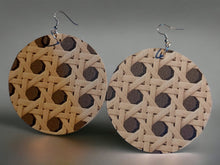 Load image into Gallery viewer, Handmade Natural wood and faux Rattan basket weave Earrings pierced ears
