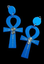 Load image into Gallery viewer, Ankh Charm Dangle Wooden Clip On Earrings blue
