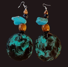 Load image into Gallery viewer, Large Handmade handpainted Natural Wood and Genuine Turquoise Design Earrings pierced ears
