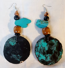 Load image into Gallery viewer, Large Handmade handpainted Natural Wood and Genuine Turquoise Design Earrings pierced ears

