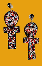 Load image into Gallery viewer, Handmade Beaded Leather Ankh Clip On Earrings, Large 3.5"
