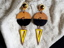 Load image into Gallery viewer, Minimalist Handmade 3 tone Wood and metal Clip On Dangle Earrings
