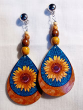 Load image into Gallery viewer, Handmade Natural Wood Boho Sunflower Clip On Dangle Earrings
