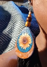 Load image into Gallery viewer, Handmade Natural Wood Boho Sunflower Clip On Dangle Earrings

