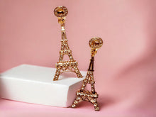 Load image into Gallery viewer, Handmade gold Rhinestone Eiffel Tower Clip On Earrings one of a kind
