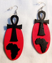 Load image into Gallery viewer, Wooden Carved Ankh Earrings pierced ears
