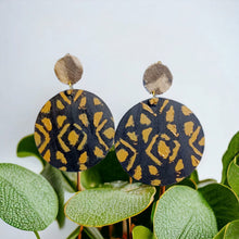Load image into Gallery viewer, Clip On handmade handpainted  wood and authentic Mudcloth Design large Earrings

