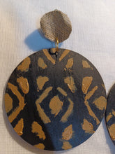 Load image into Gallery viewer, Clip On handmade handpainted  wood and authentic Mudcloth Design large Earrings
