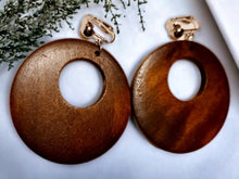 Load image into Gallery viewer, Classic Natural Wooden Hoop Clip On Dangle Earrings dark brown
