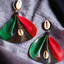 Load image into Gallery viewer, Handmade large red black and green Leather Fulani  Earrings pierced ears custom handmade
