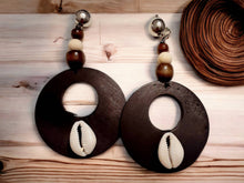 Load image into Gallery viewer, Handmade cowrie and Wood Clip On Dangle Earrings
