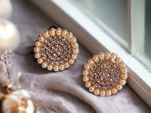 Load image into Gallery viewer, Handmade Rhinestone and Faux Pearl Medallion Stud Clip On Earrings
