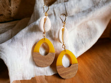 Load image into Gallery viewer, Handmade Wood and Cowrie earrings pierced ears
