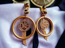 Load image into Gallery viewer, Handmade Acrylic and rhinestone Clock and chain Hoop Clip On Earrings
