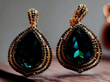 Load image into Gallery viewer, Blingy Runway Chunky gold Metal Rhinestone  Cluster Clip On Earrings gold and dark green
