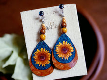 Load image into Gallery viewer, Handmade Natural Wood Boho Sunflower Clip On Dangle Earrings
