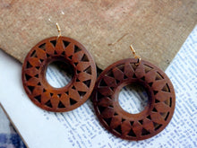 Load image into Gallery viewer, Chunky boho medallion wooden earrings pierced ears
