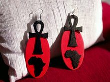 Load image into Gallery viewer, Wooden Carved Ankh Earrings pierced ears
