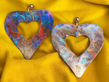 Load image into Gallery viewer, Giant 6 inch Handmade Abstract Handpainted Wooden Heart Earrings Clip on
