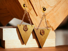 Load image into Gallery viewer, Handpainted Wooden Clip On Earrings, Abstract Gold Design
