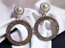Load image into Gallery viewer, Small faux pearl and  Rhinestone Clip On Hoop Earrings silver
