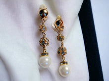 Load image into Gallery viewer, Small Faux Pearl and rhinestone Dangle Earrings Clip ons 2 inch
