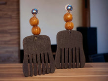 Load image into Gallery viewer, Handmade black Wood  Afro Pick Clip On Dangle Earrings
