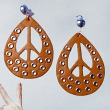 Load image into Gallery viewer, Handmade faux leather Peace symbol Clip On Earrings 2.5 inch
