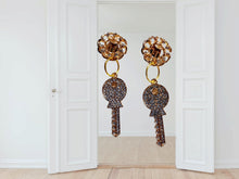 Load image into Gallery viewer, Small Handmade gold Metal and Shiny Rhinestone Key Clip On Earrings

