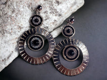 Load image into Gallery viewer, Hammered Metal hoop and rhinestone Clip On Earrings Silver
