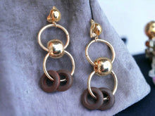 Load image into Gallery viewer, Natural Wood and Metal Hoop  Boho Clip On Dangle Earrings black

