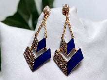 Load image into Gallery viewer, Handmade Rhinestone dangle Clip On Earrings gold and blue
