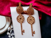Load image into Gallery viewer, Handmade gold Metal and Shiny Rhinestone  Key Clip On Earrings
