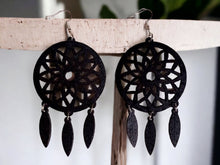 Load image into Gallery viewer, Large Wooden Dream Catcher Dangle Earrings black pierced ears
