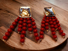 Load image into Gallery viewer, Abstract Wood Bead and hammered brass Earrings 4 inch (pierced ears)
