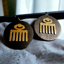 Load image into Gallery viewer, Natural Wood Adinkra Symbol Earrings pierced ears
