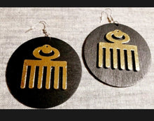 Load image into Gallery viewer, Natural Wood Adinkra Symbol Earrings pierced ears
