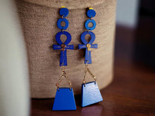 Load image into Gallery viewer, Handmade Ankh Charm Dangle Wooden Clip On Earrings blue
