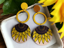 Load image into Gallery viewer, Handmade Artsy Sunflower Wooden Clip On Earrings 5 in
